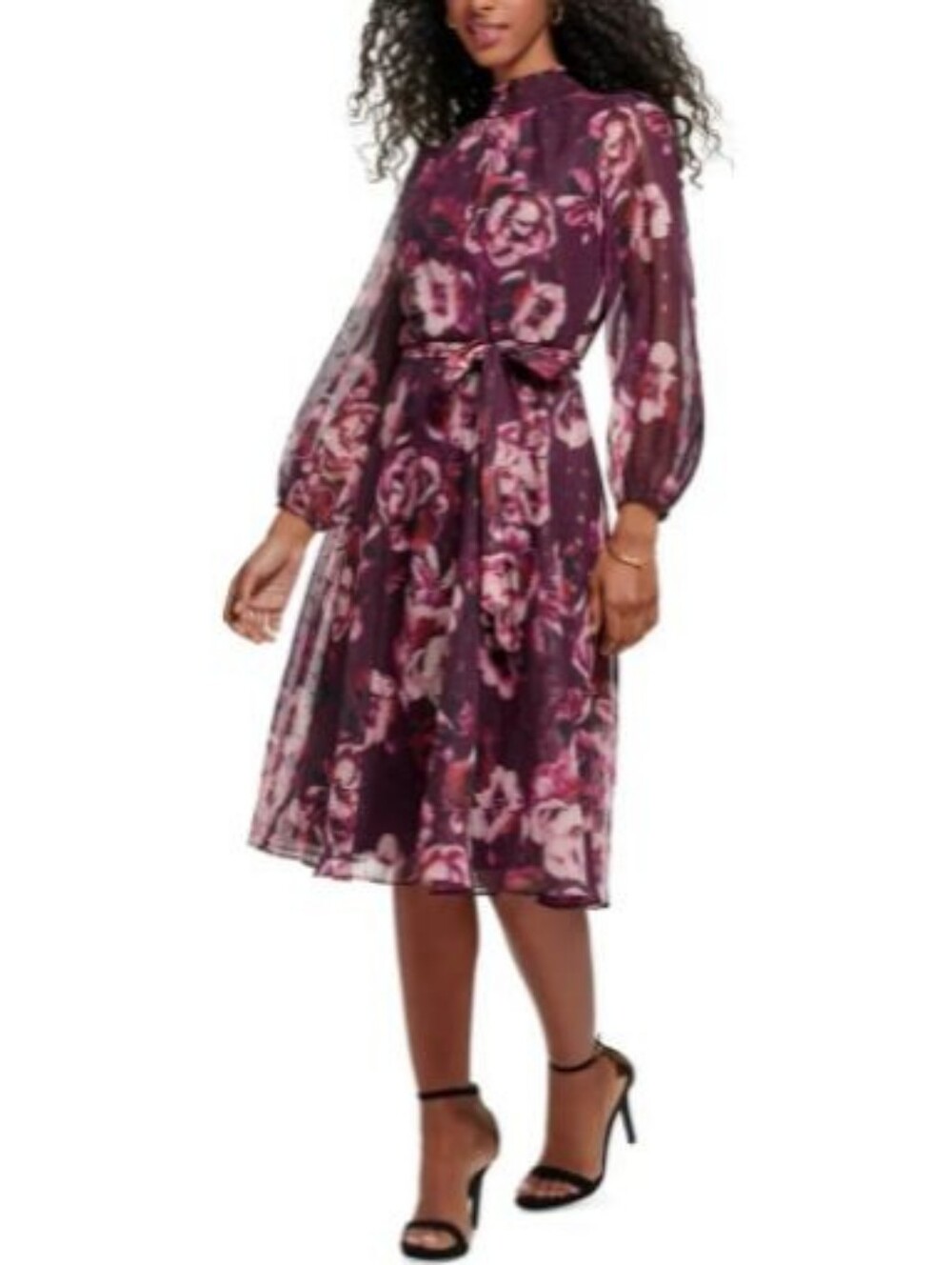 Jessica Howard Purple Floral Mock Neck Tie Waist Dress